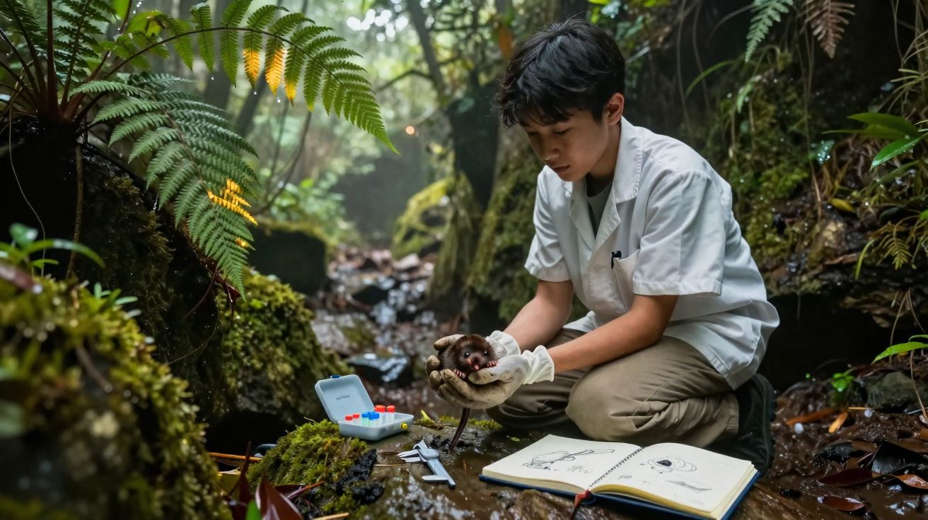 Jovem cientista coleta amostra de rato no ambiente natural com luvas, ao lado de caderno de campo e equipamentos.