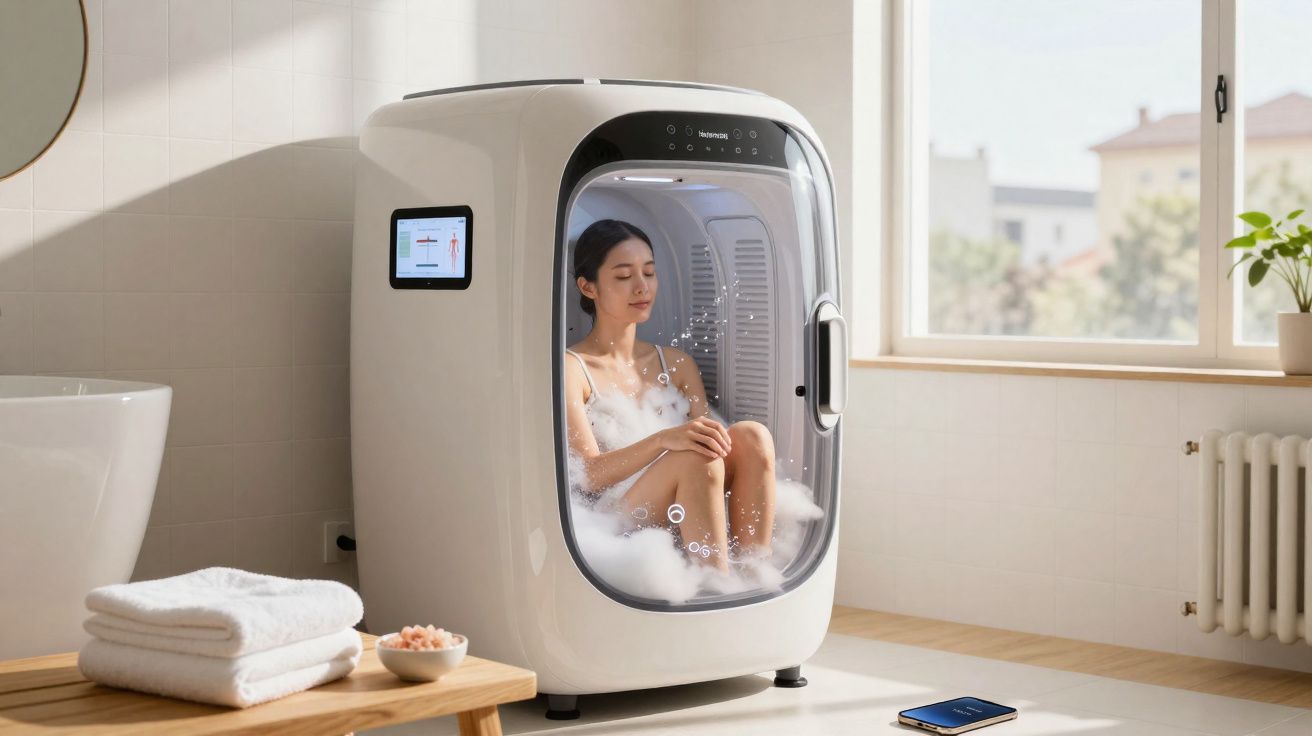 Mulher relaxando em cápsula de banho com espuma dentro de banheiro iluminado por janela.