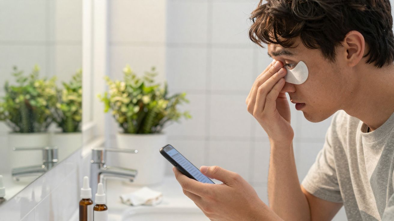 Homem aplicando máscara de olheiras no rosto enquanto olha para celular no banheiro.
