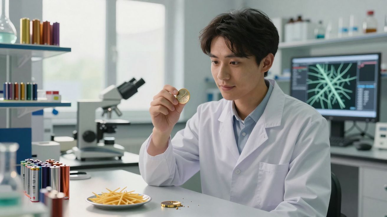 Cientista em laboratório analisando um medalhão dourado enquanto experimenta comida em forma de palitos.