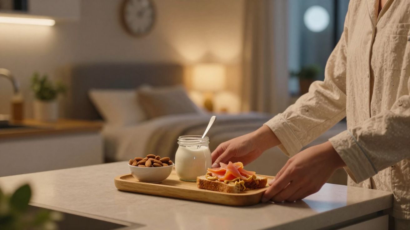 Pessoa segurando bandeja com iogurte, amêndoas e torrada com presunto em cozinha iluminada.