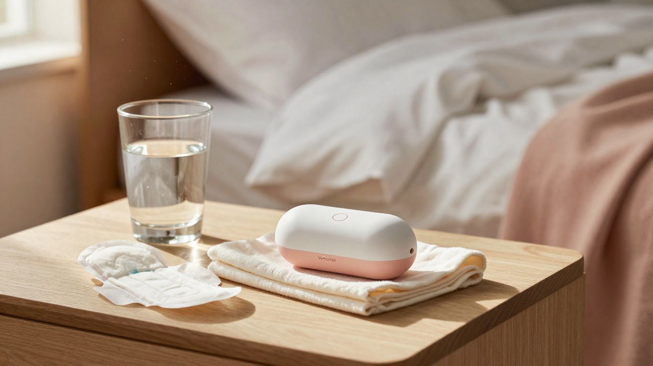 Mesa de cabeceira com copo de água, absorvente, toalha e estojo branco e rosa ao lado da cama.