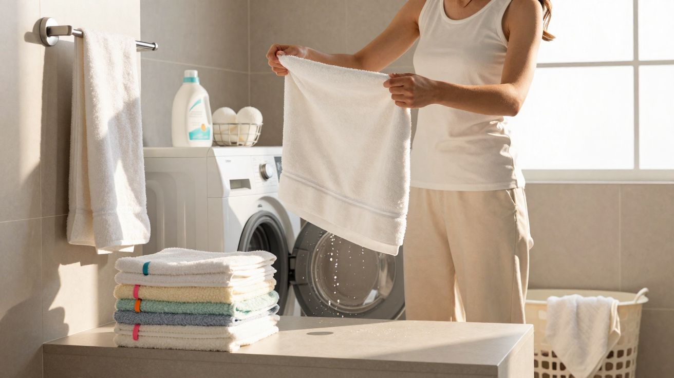 Pessoa segurando toalha branca dobrada em lavanderia com máquina de lavar e cesto ao fundo.