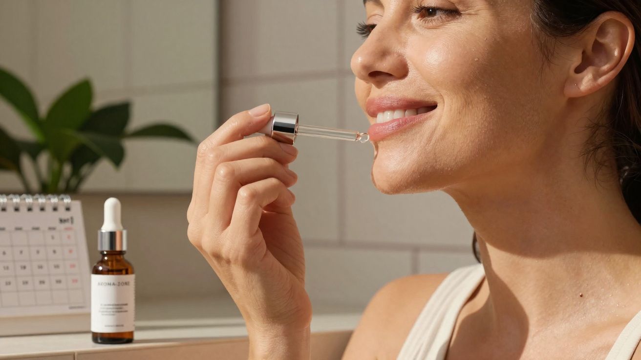 Mulher aplicando sérum facial com conta-gotas, ao lado de calendário e frasco de cosmético em bancada.