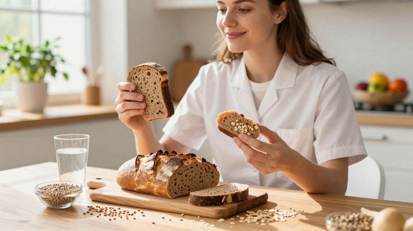 Mulher sorrindo segurando fatias de pão integral com sementes em cozinha iluminada natural.