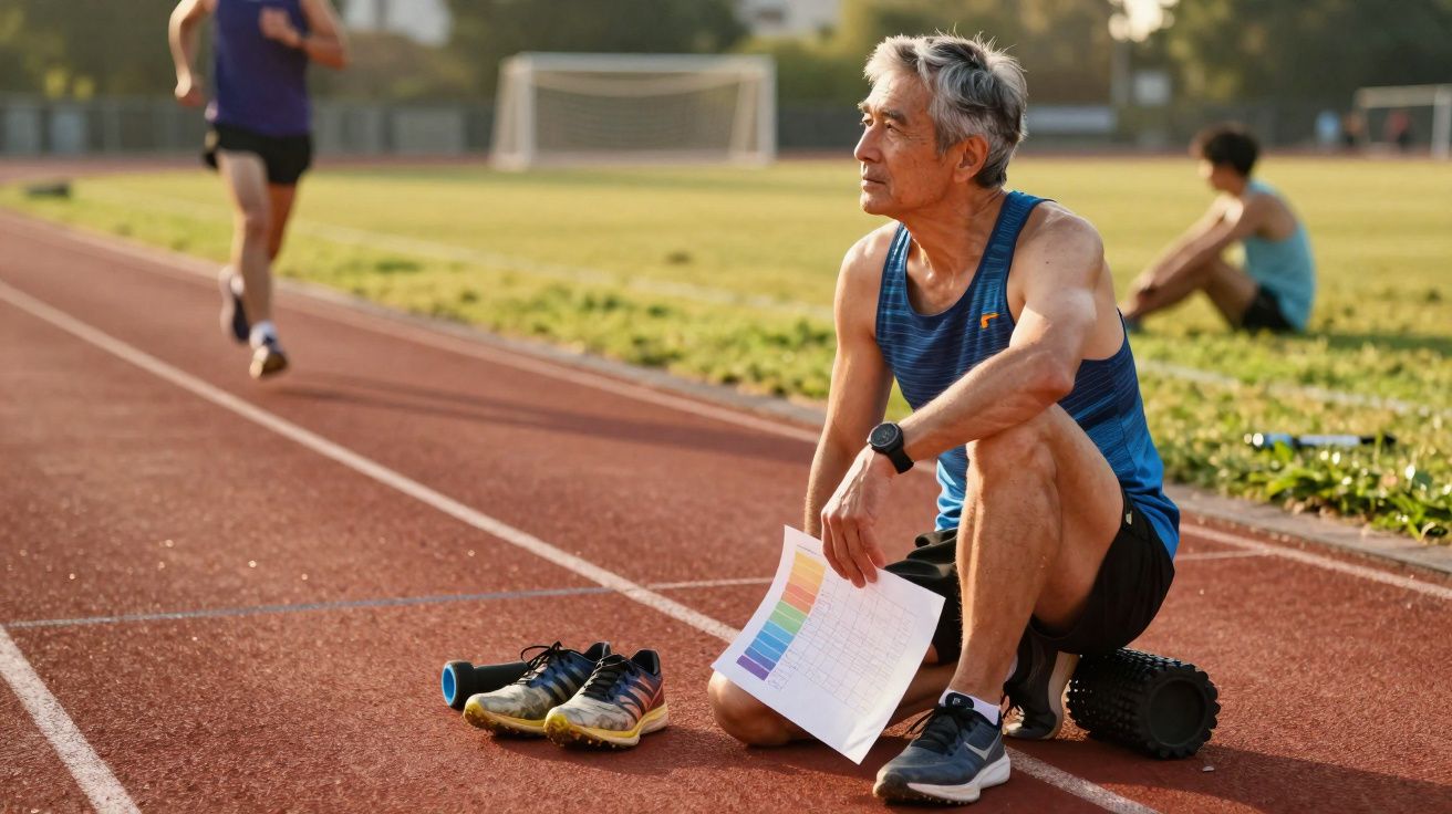 Homem sentado na pista de atletismo com papel colorido e rolo de massagem ao seu lado.