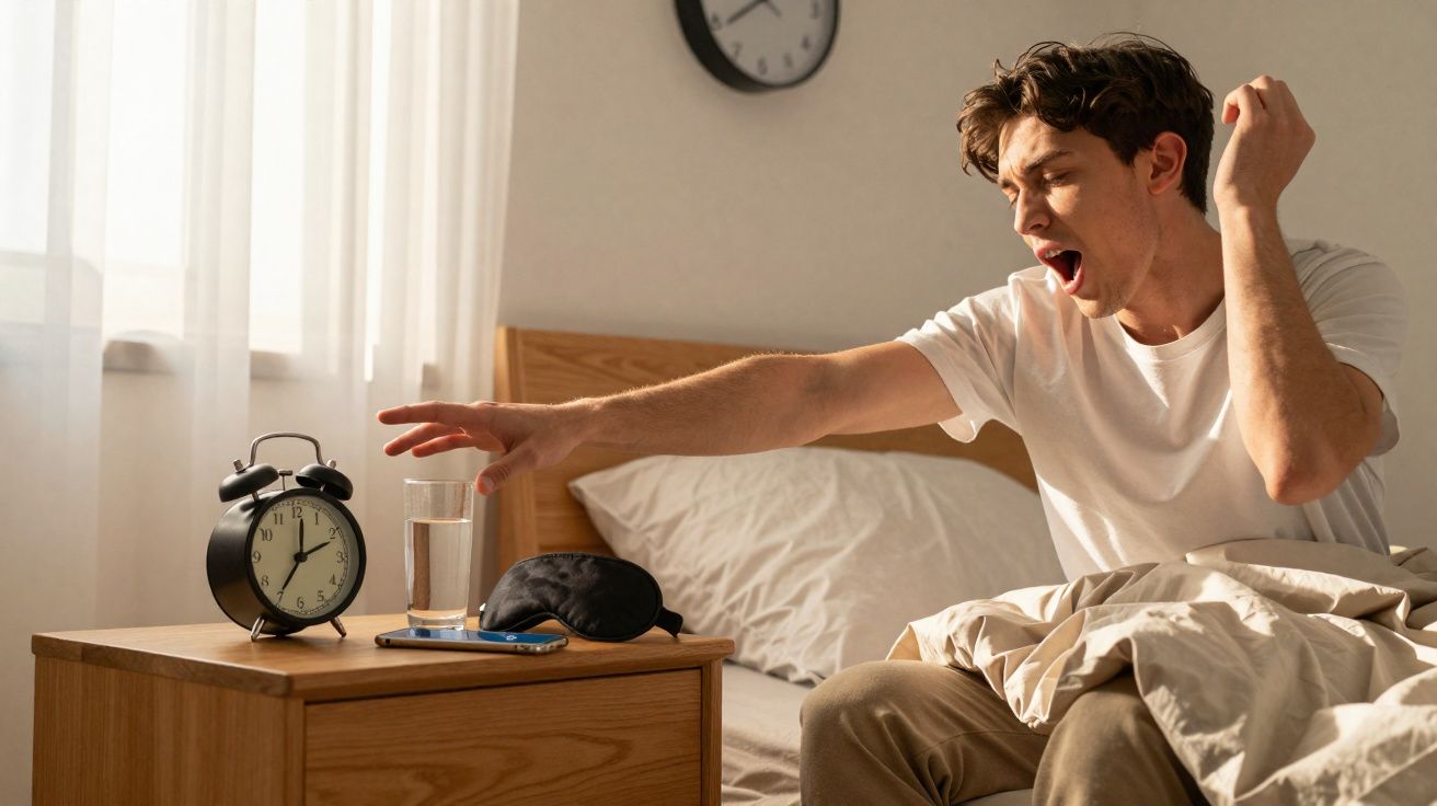 Homem acordando na cama e tentando desligar o despertador em um quarto iluminado pela manhã.