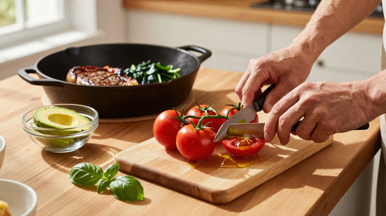 Pessoa cortando tomate em tábua de madeira com abacate, manjericão e panela com carne e espinafre.