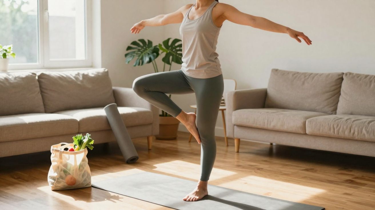 Pessoa praticando yoga em tapete, em sala iluminada com sofá e planta ao fundo.