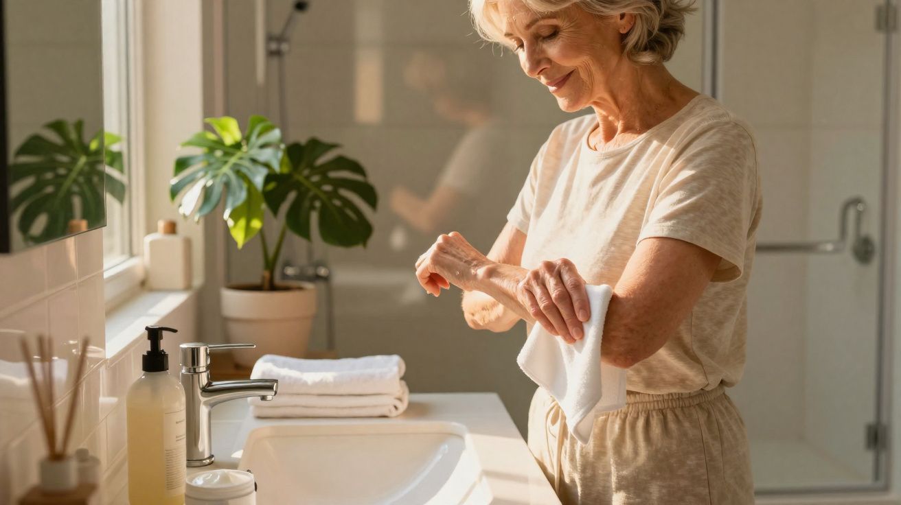 Mulher sorridente secando o braço com toalha em banheiro iluminado pela luz natural.