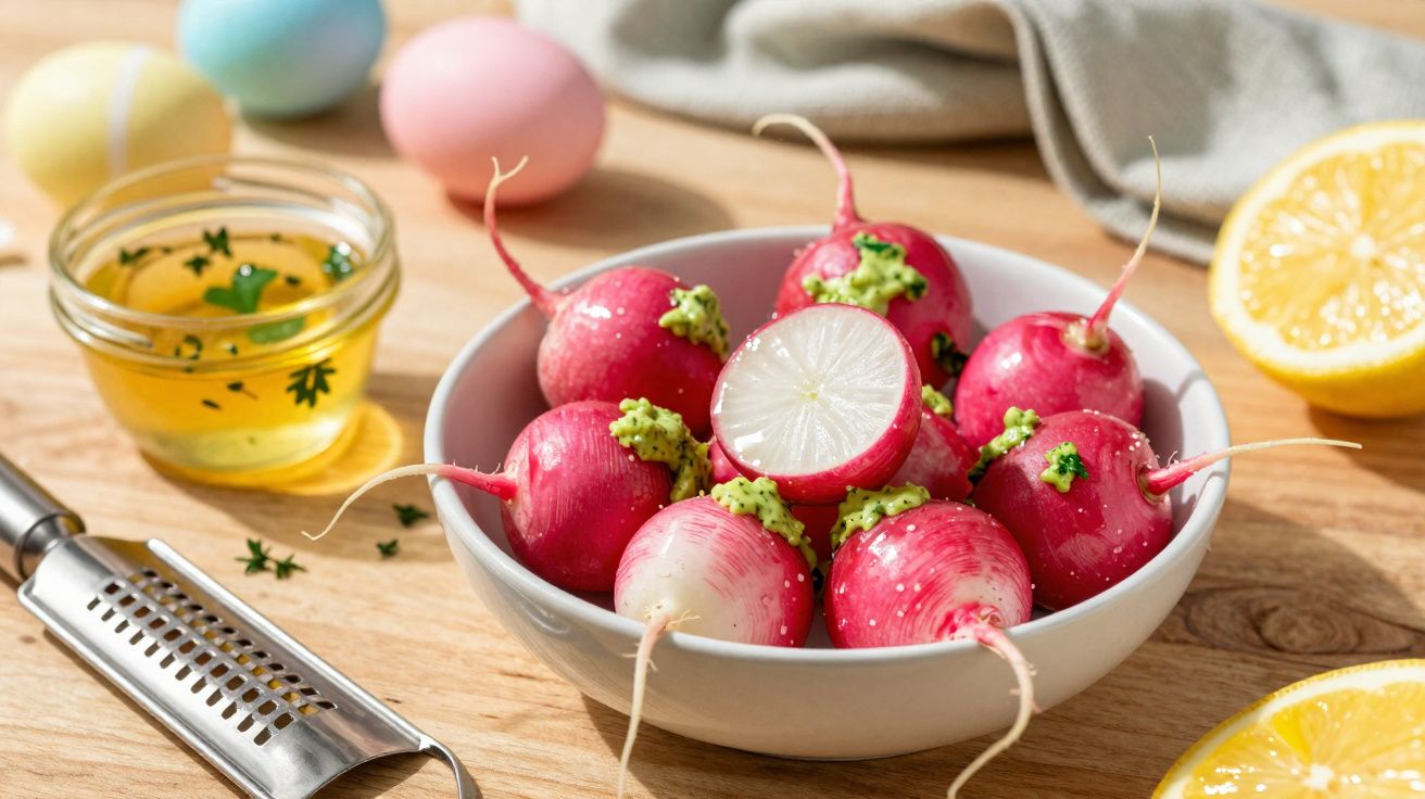 Tigela branca com rabanetes frescos recheados com pasta verde, ao lado de limões cortados e um pote de azeite.