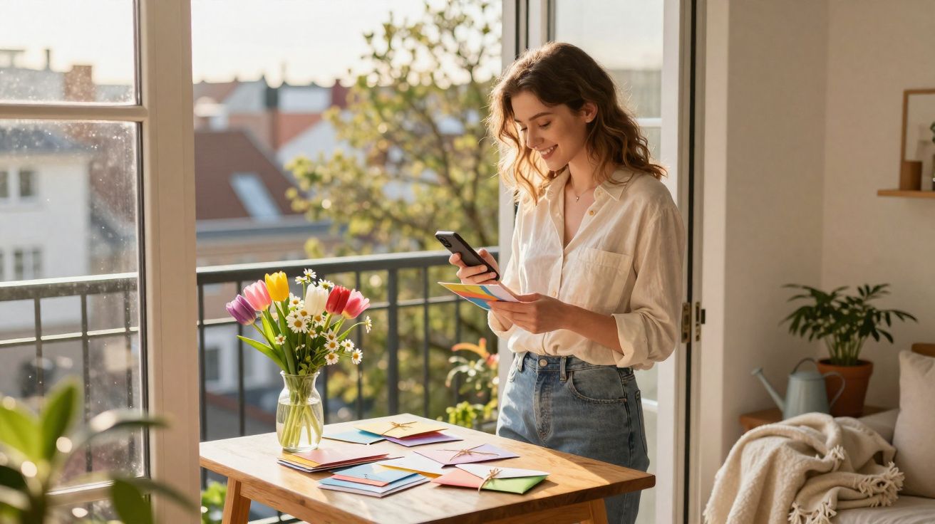 Mulher sorrindo segurando celular e cartão em pé perto de mesa com cartas coloridas e vaso de flores.