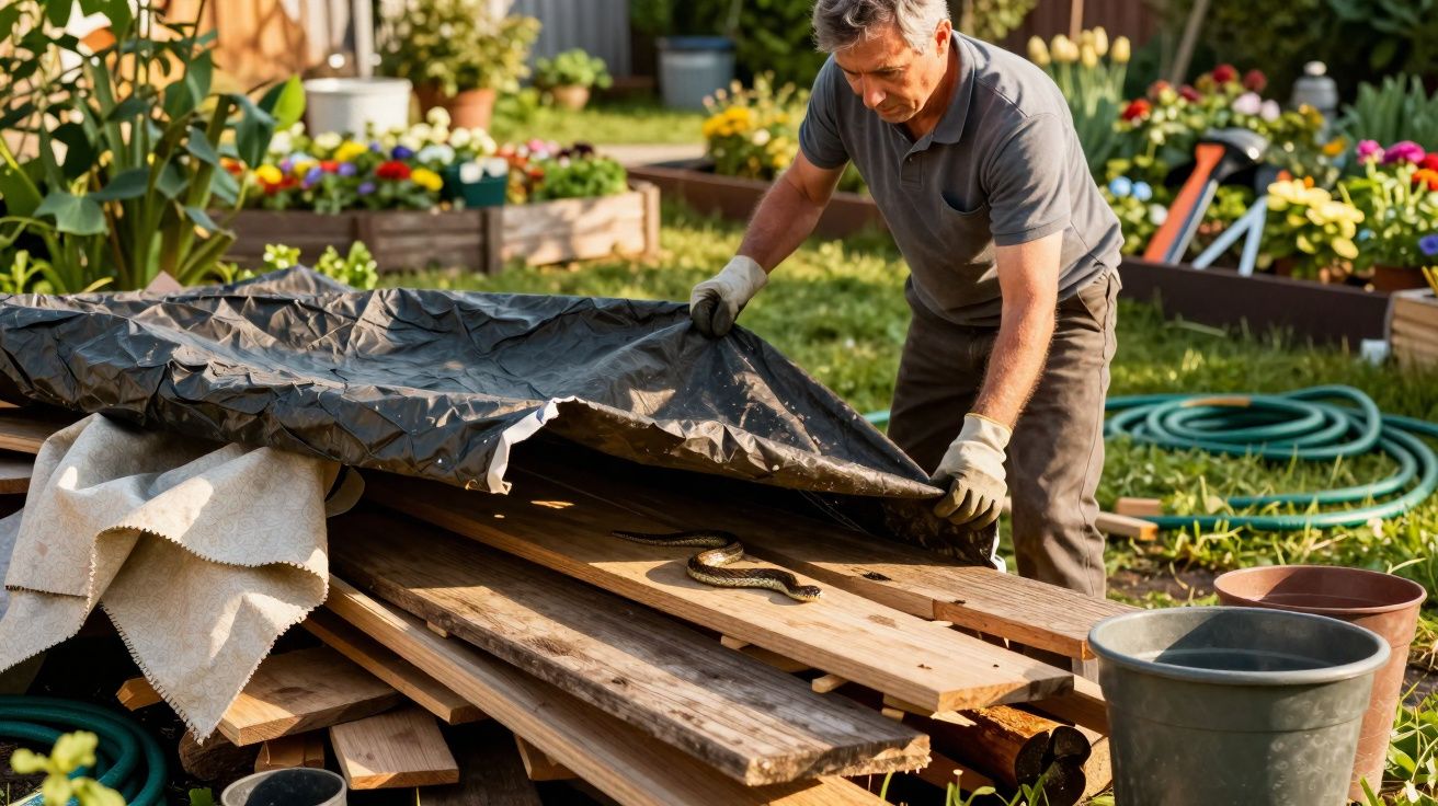 Homem tirando uma lona preta e descobrindo uma cobra sobre tábuas de madeira em jardim.