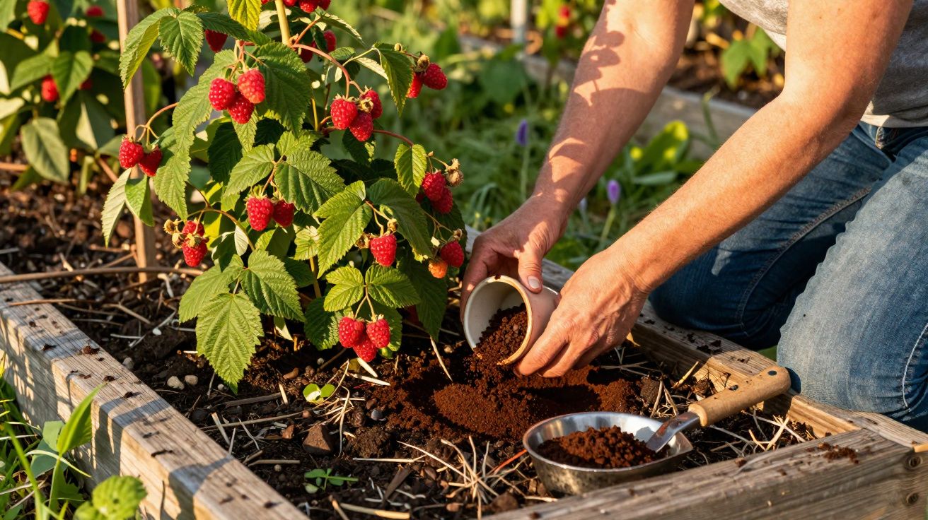Pessoa regando ou adubando planta de framboesa vermelha em canteiro elevado de madeira no jardim.