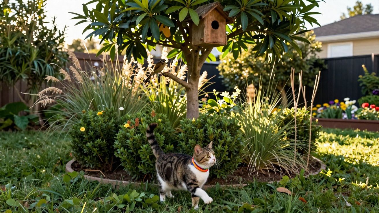 Gato com coleira colorida caminha em jardim com arbustos, árvore pequena e casinha de passarinho.
