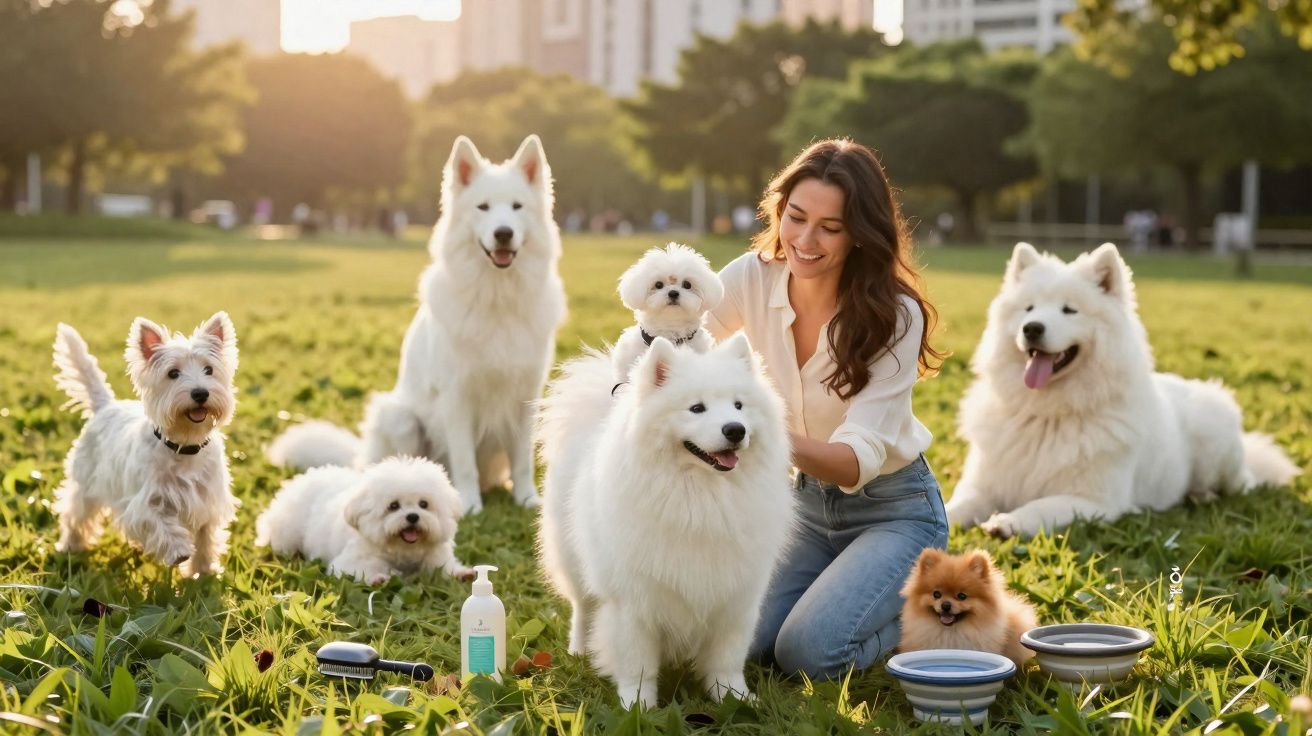 Mulher sorrindo cercada por seis cães de diferentes raças em gramado ao ar livre durante o dia.