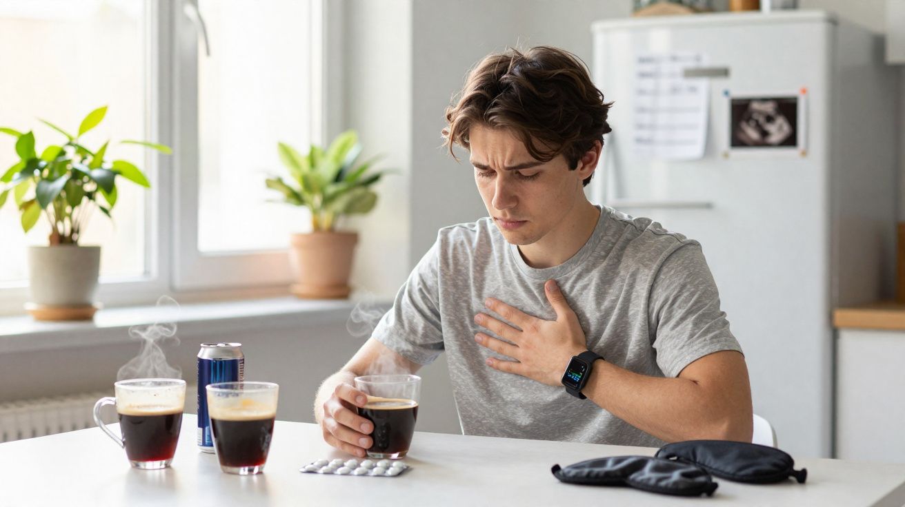Homem jovem sentado à mesa com três xícaras de café e remedios, segurando o peito com expressão desconfortável.