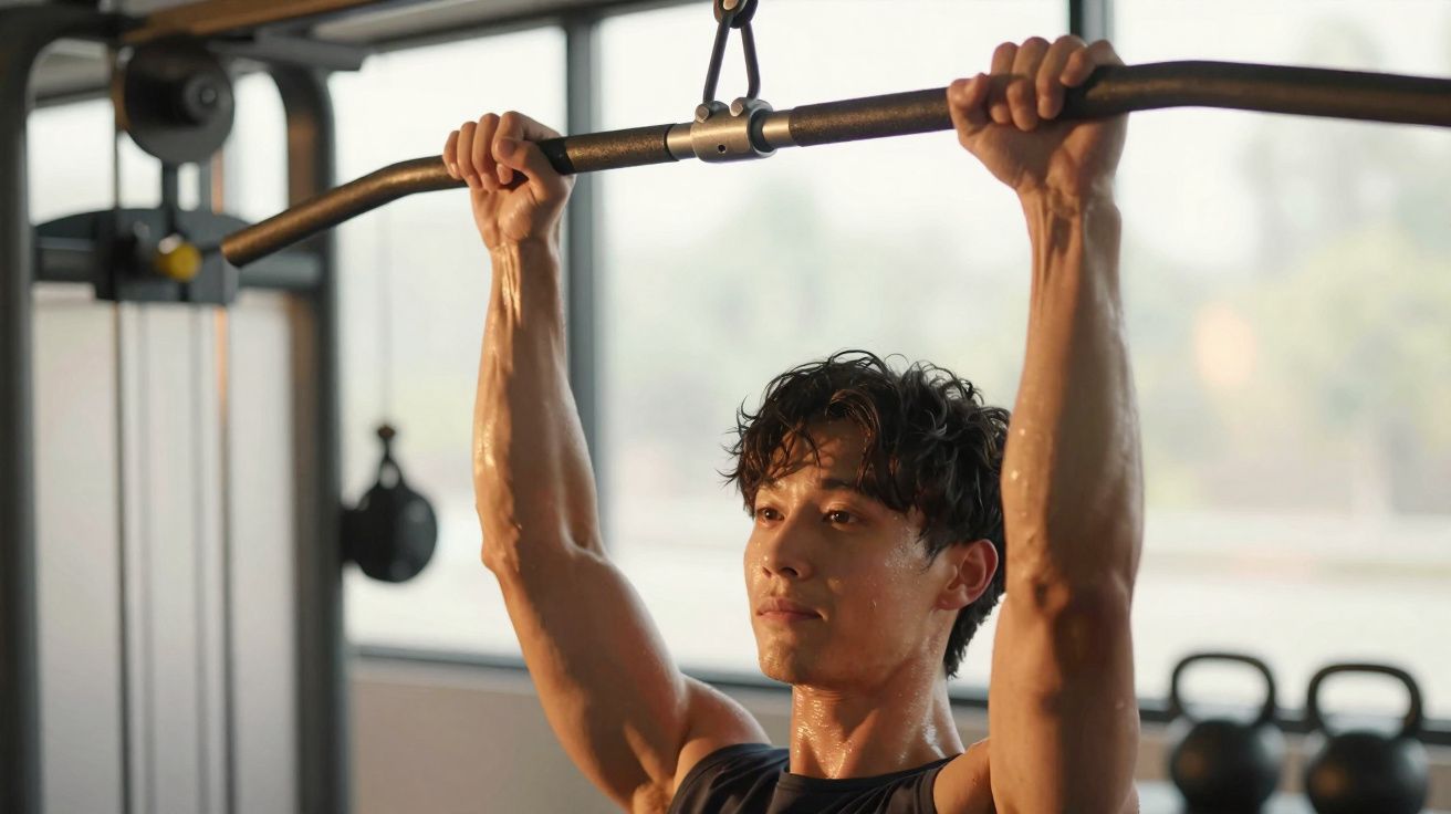 Homem fazendo exercício de puxada na barra em academia, com suor no rosto e foco no treino.
