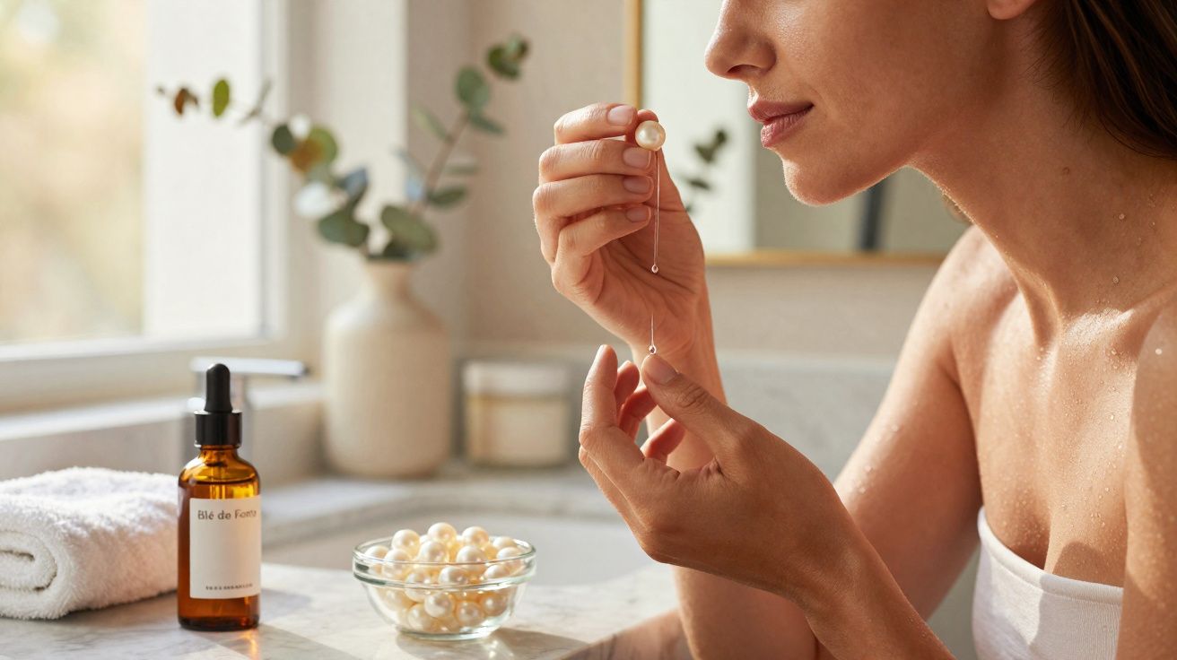 Mulher aplicando soro facial em ambiente iluminado com toalha, frasco e pote de pérolas na bancada.