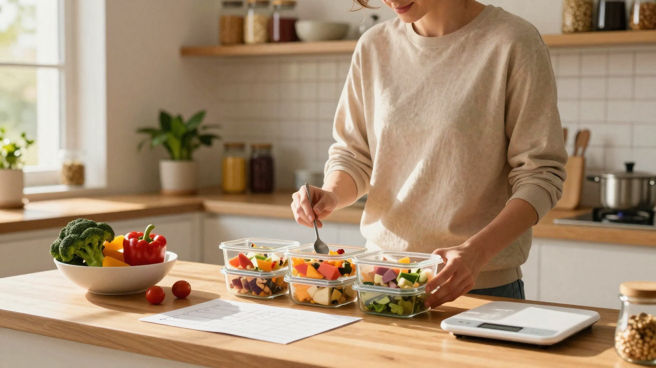 Pessoa preparando saladas coloridas em potes plásticos na cozinha, com vegetais frescos sobre a mesa.
