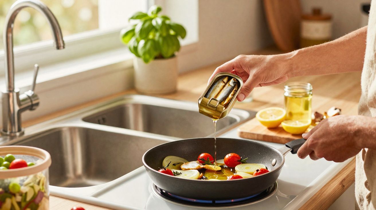 Pessoa despejando azeite de sardinhas em frigideira com tomates e cebolas na cozinha.