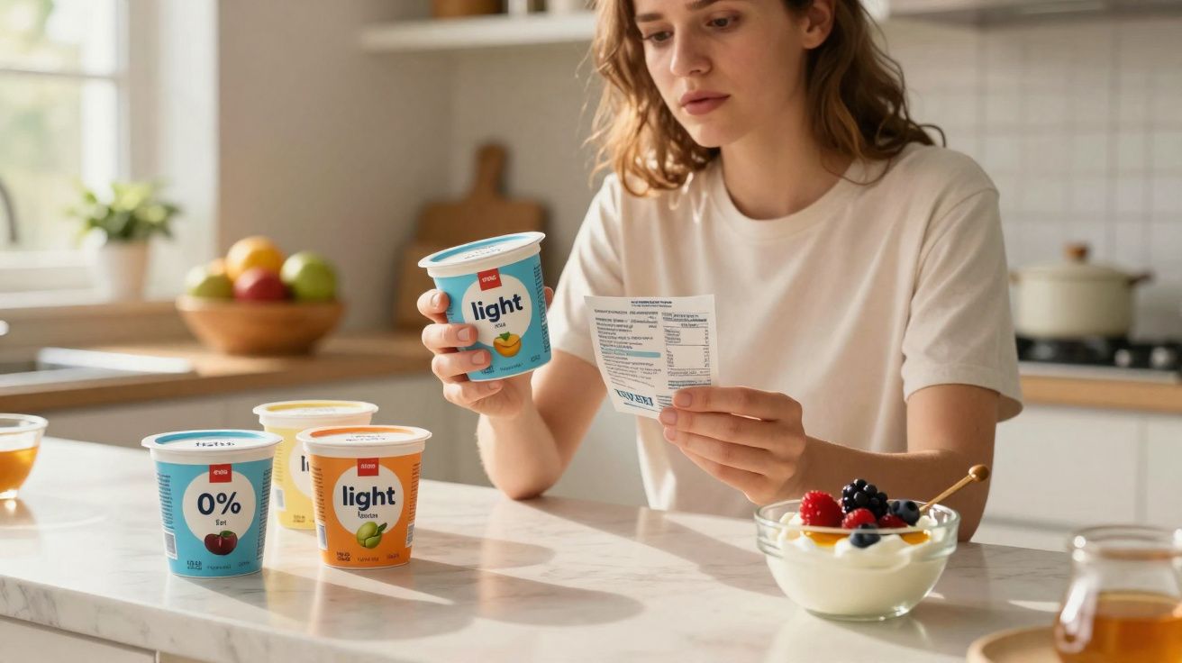 Mulher lendo informações nutricionais de iogurte com potes variados sobre bancada de cozinha.
