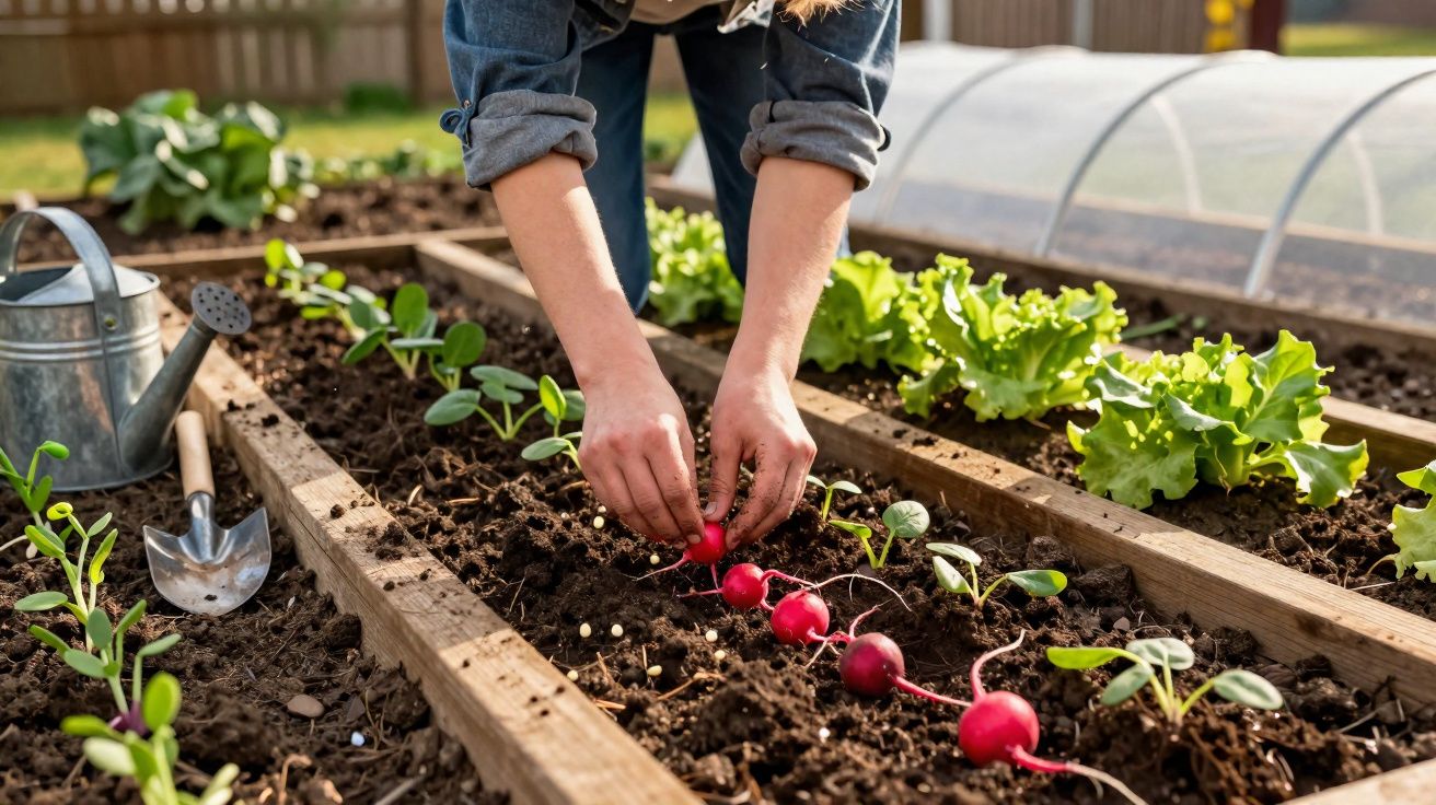 Pessoa colhendo rabanetes em canteiro de jardim com regador e enxada ao lado em dia ensolarado.