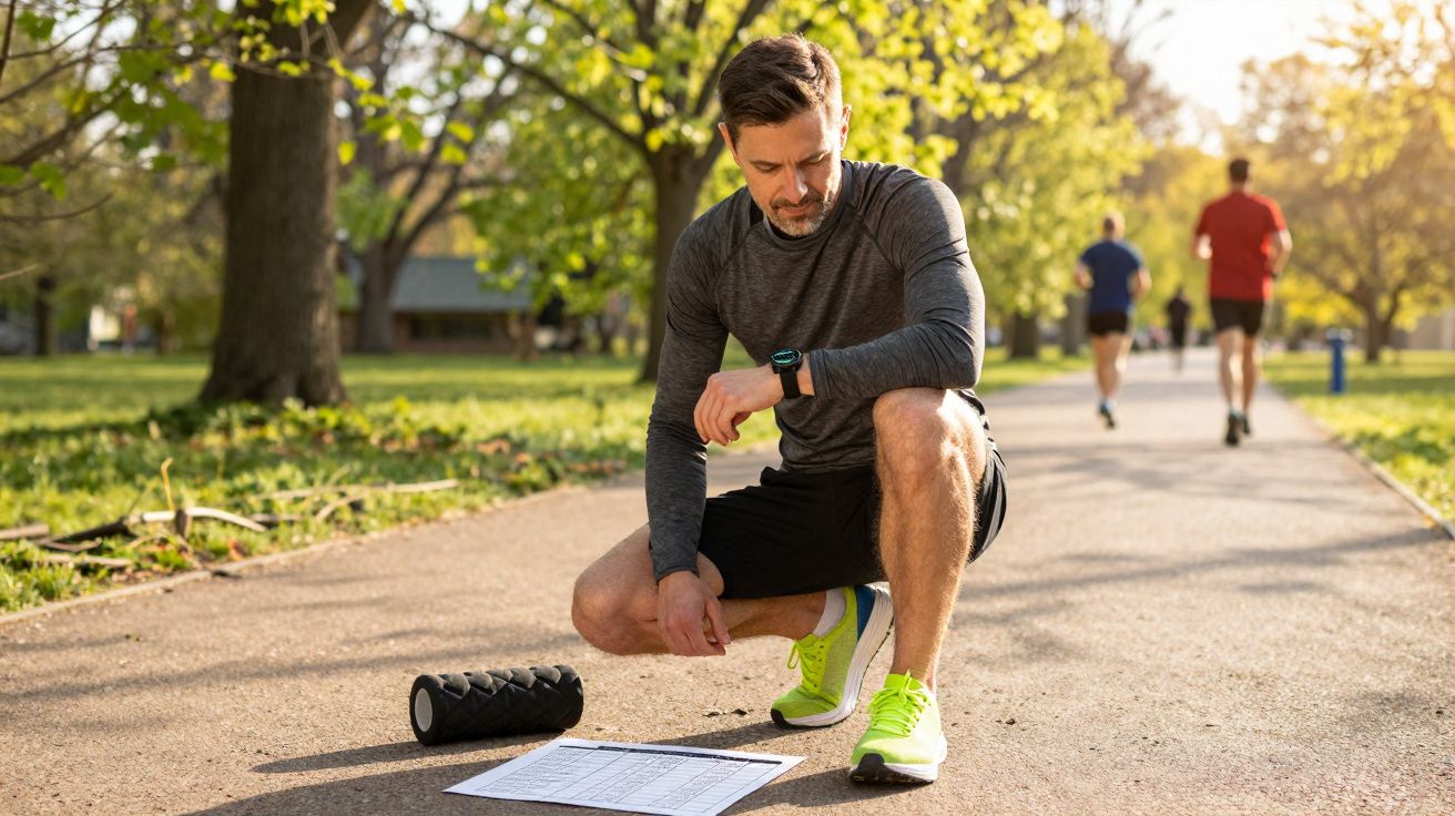 Homem agachado em parque olhando para papel no chão com rolo de liberação miofascial ao lado.