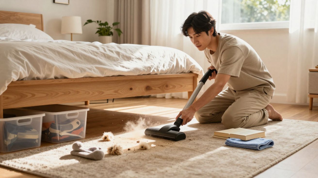 Jovem aspirando sujeira e pelos de animais em tapete felpudo no quarto iluminado pelo sol.