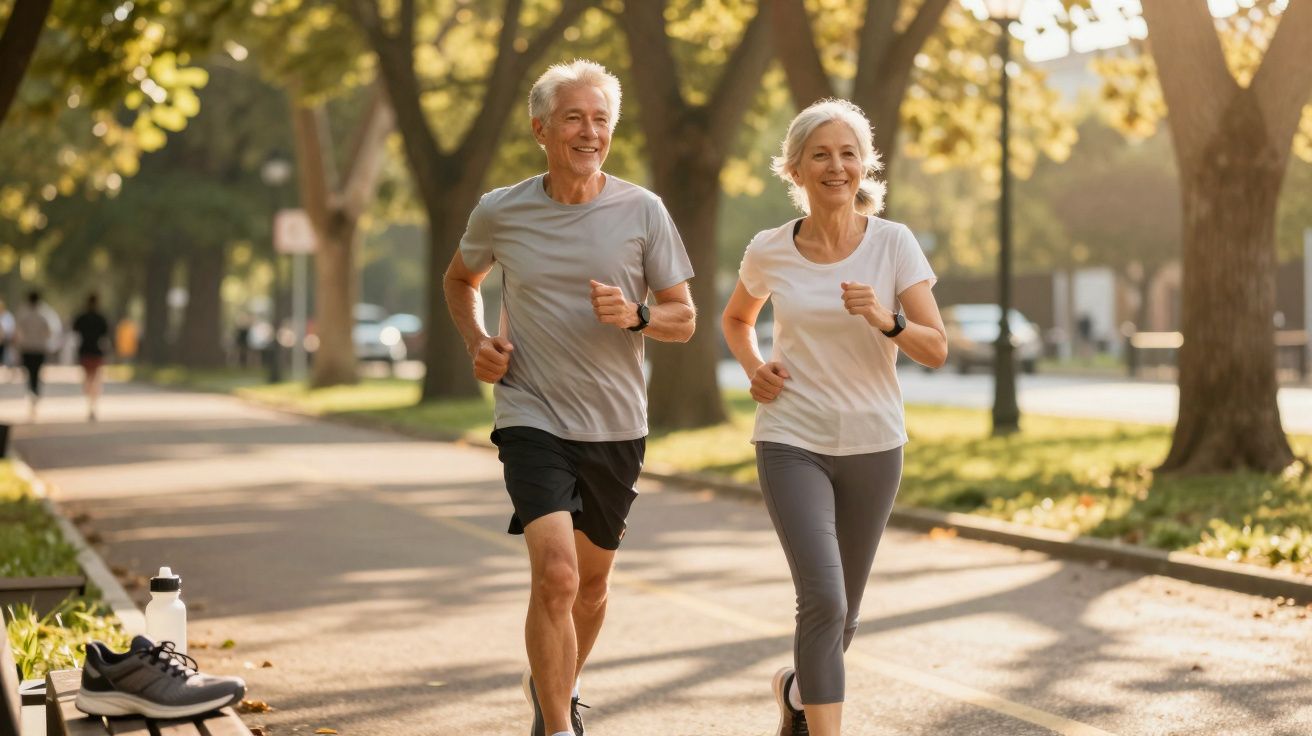 Casal de idosos correndo em parque ensolarado, vestindo roupas esportivas e sorrindo.