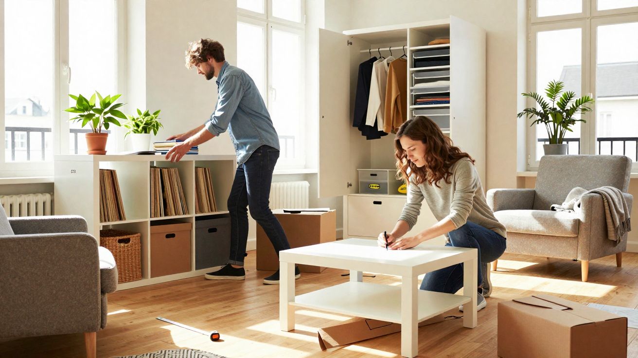 Casal jovem organizando móveis e caixas em sala clara com sofá, armário e plantas perto da janela.