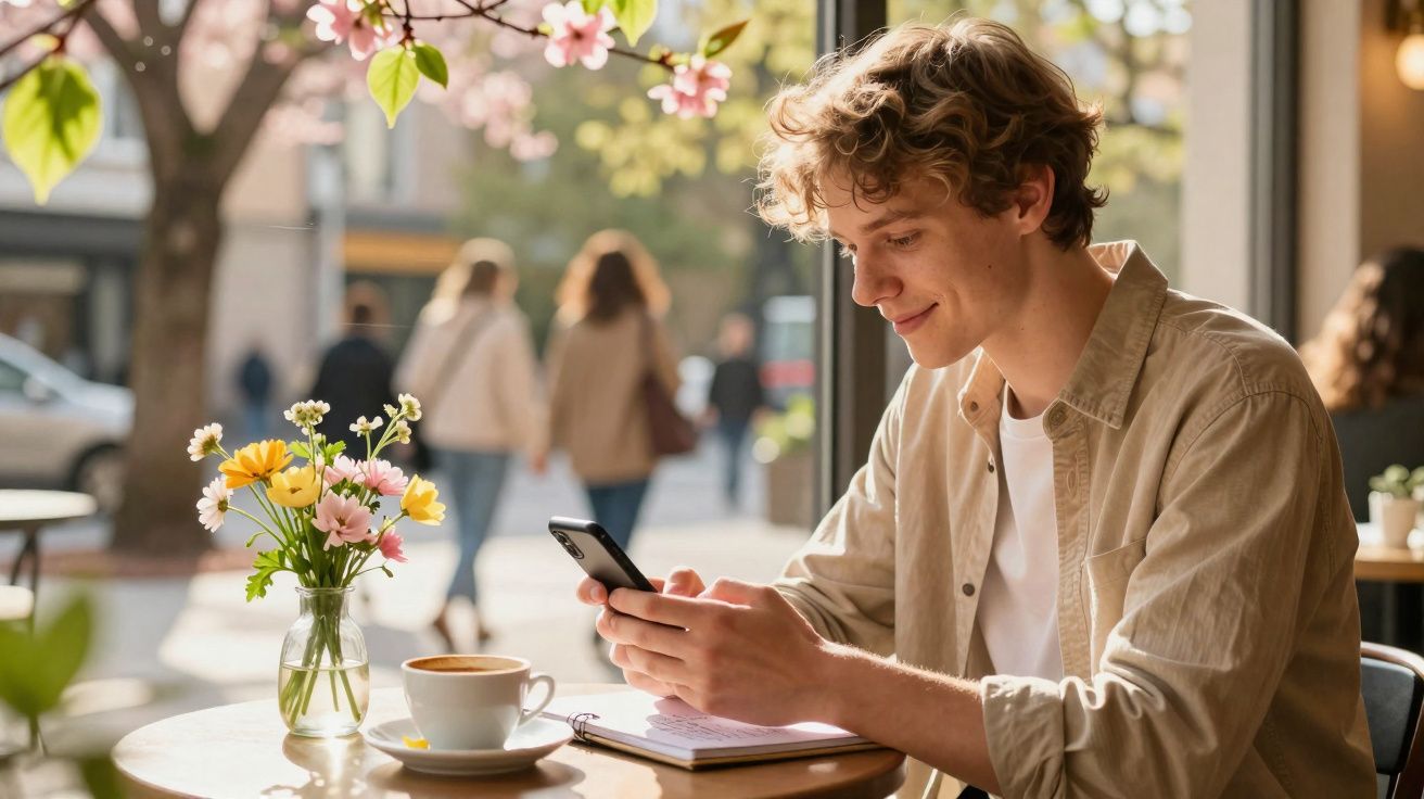 Jovem sorrindo sentado em cafeteria ao ar livre, usando celular, com flores e café na mesa.