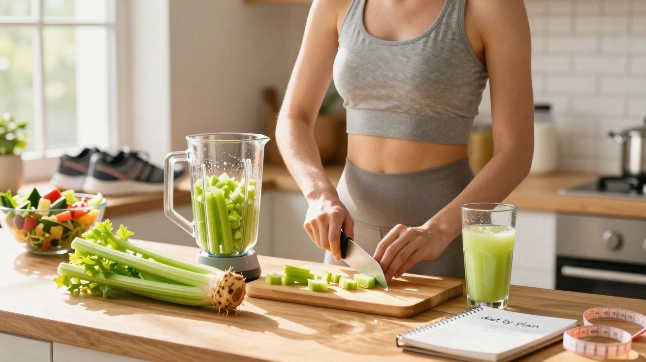 Pessoa cortando aipo na cozinha com suco verde, caderno de dieta e fita métrica na bancada.