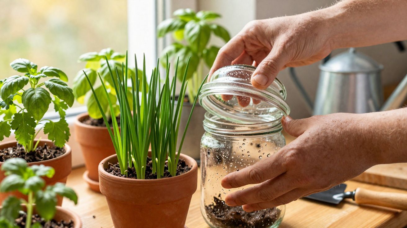 Mãos abrindo pote de vidro com terra ao lado de vasos com plantas verdes em uma janela.
