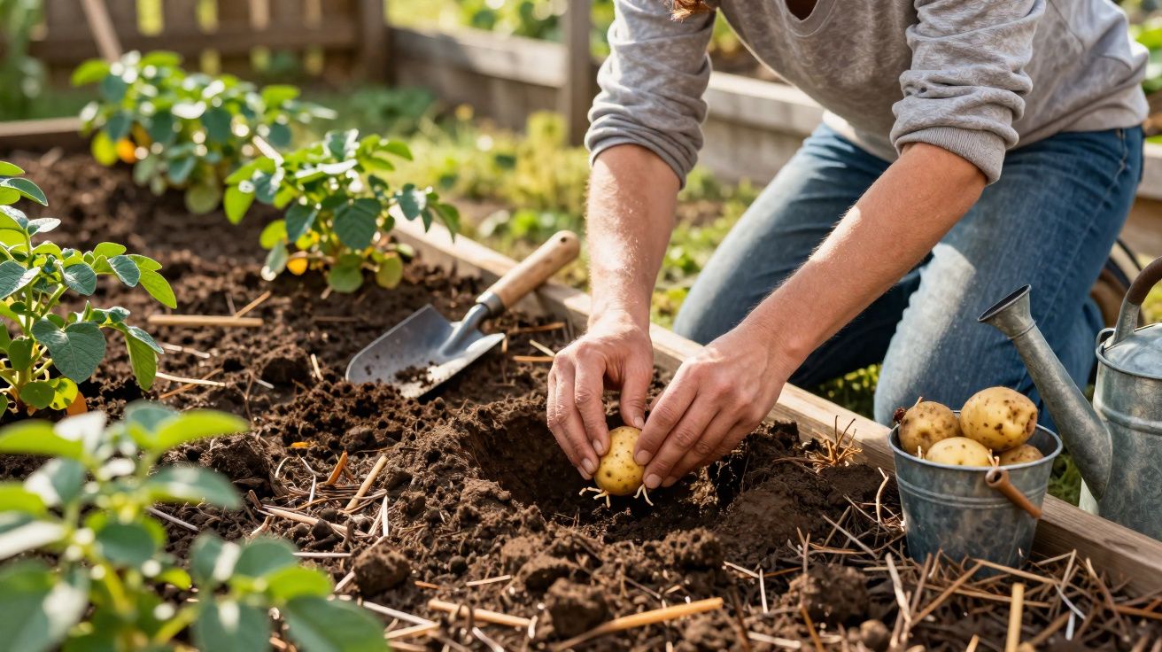 Pessoa plantando batatas em canteiro de terra com regador e recipiente ao lado, em jardim.