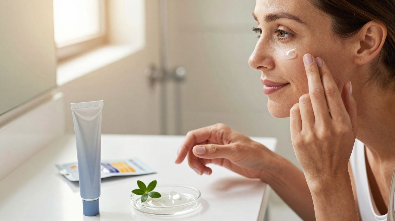 Mulher aplicando creme facial, com produtos de cuidados com a pele sobre a bancada branca.