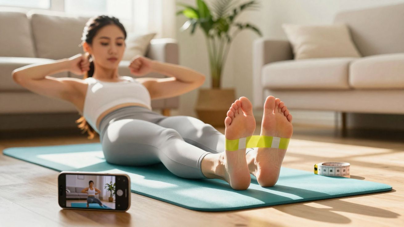 Mulher fazendo abdominal em tapete de yoga, com faixa elástica nos pés, acompanhando treino pelo celular na sala.