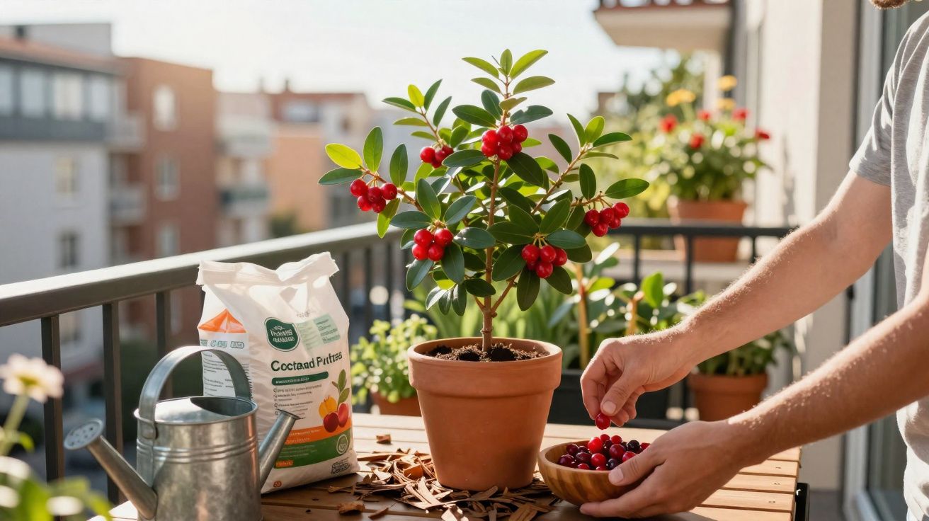 Pessoa colhendo frutas vermelhas de planta em vaso no jardim de varanda com regador e adubo ao redor.