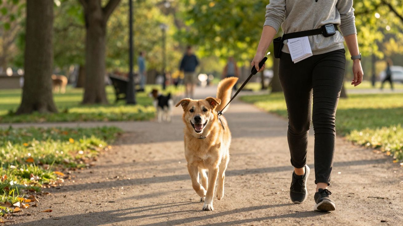 Pessoa caminhando com cachorro amarrado em coleira no parque durante o dia.