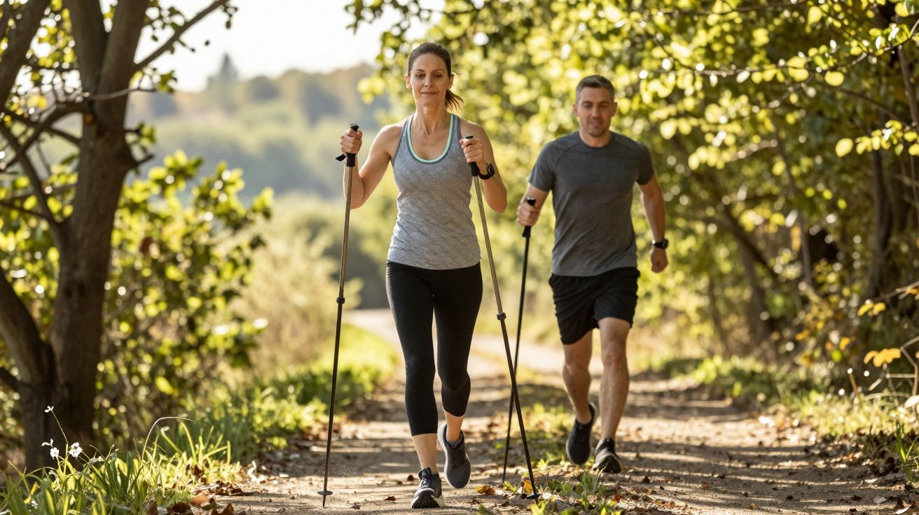 Casal praticando caminhada com bastões em trilha cercada por árvores em dia ensolarado.