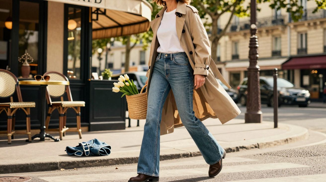 Mulher com trench coat bege, camisa branca e jeans caminhando com cesta de flores brancas na rua da cidade.