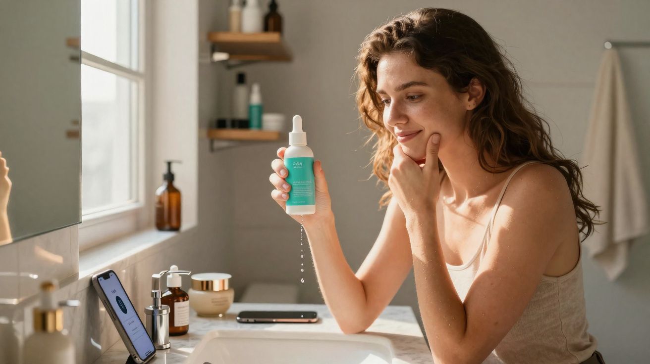 Mulher sorridente aplicando sérum facial no rosto no banheiro iluminado pela luz natural.