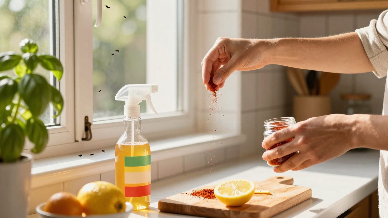 Pessoa tempera metade de um limão com especiaria vermelha em cozinha iluminada pelo sol.
