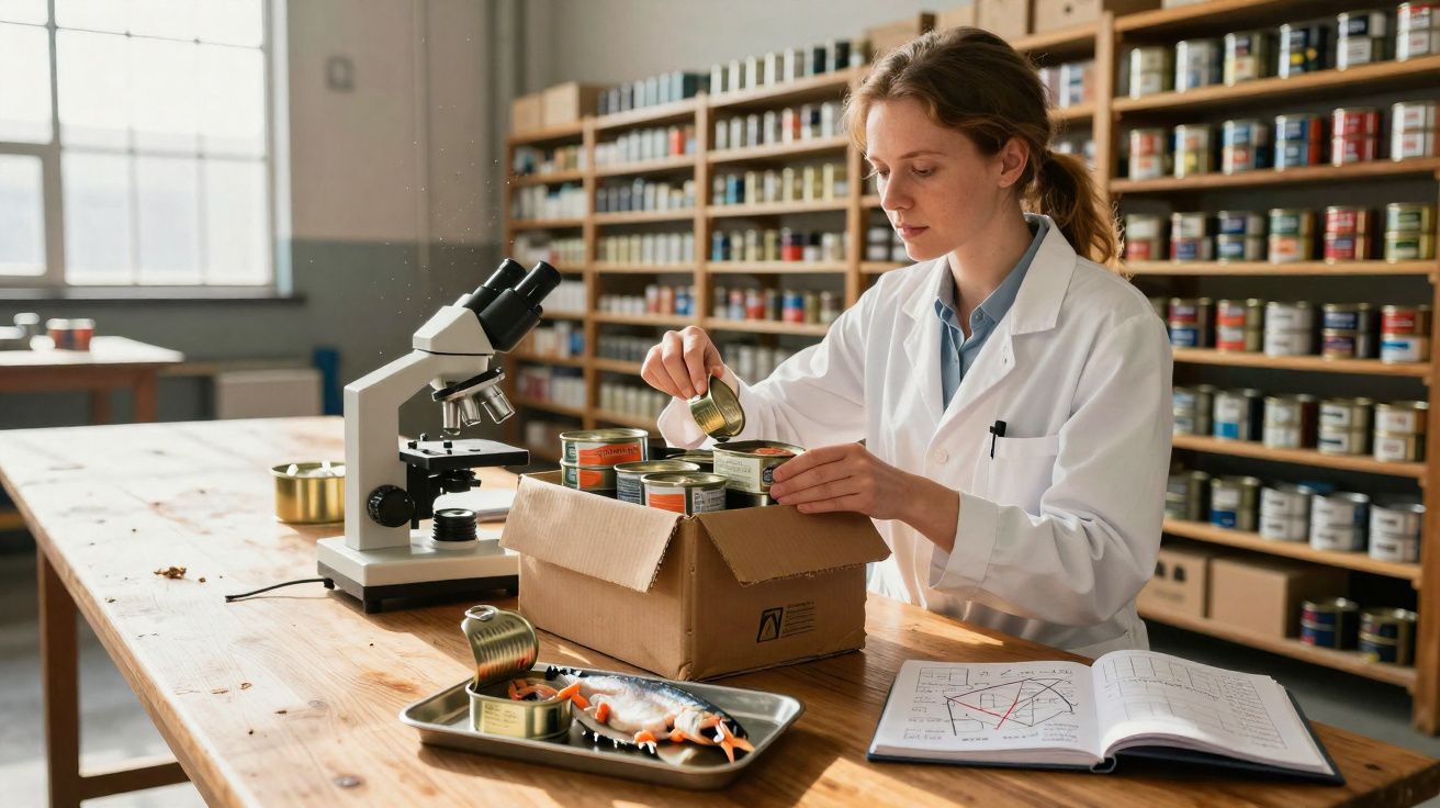 Mulher cientista analisa latas de alimentos em laboratório com microscópio e livros ao redor.