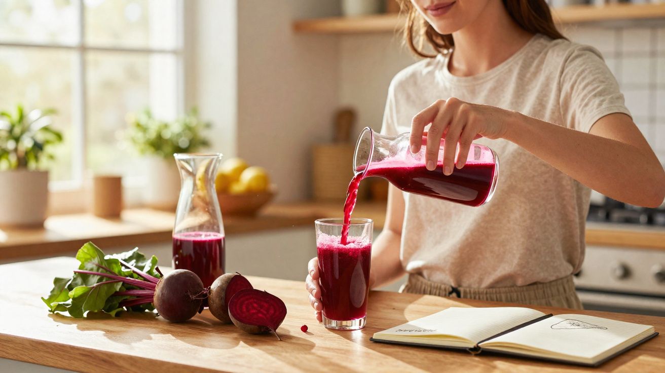 Mulher servindo suco de beterraba fresco em copo na cozinha iluminada natural.