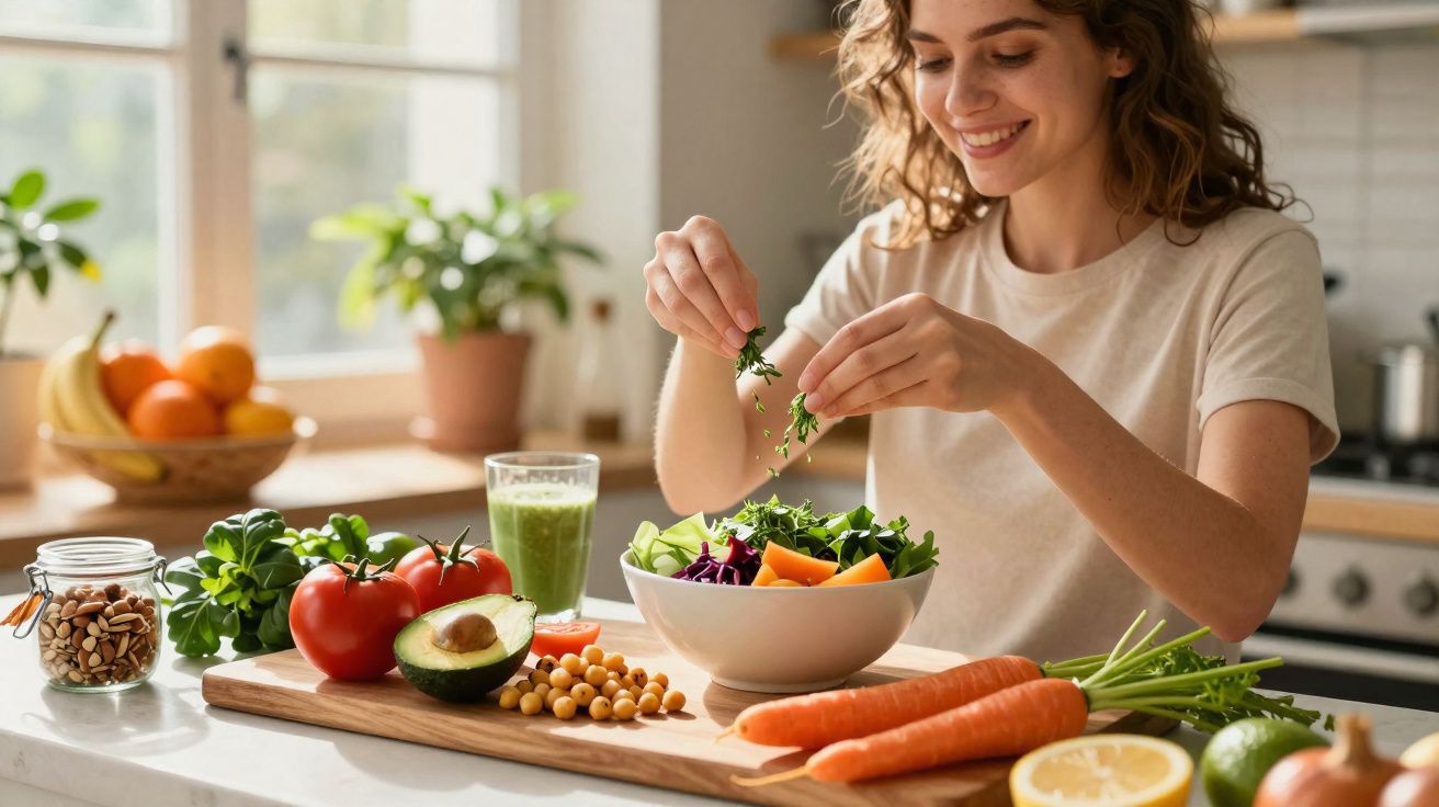 Mulher sorrindo preparando salada com legumes frescos em cozinha iluminada pela manhã.