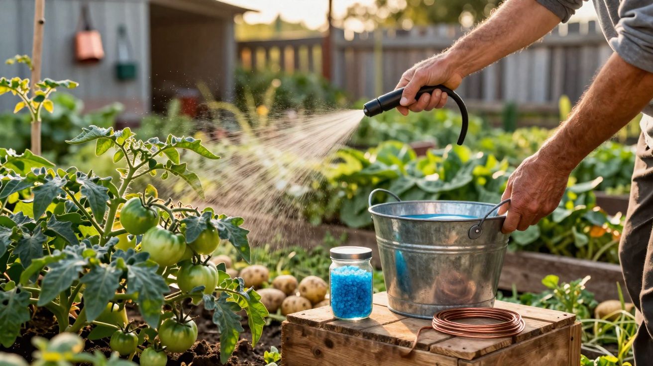 Pessoa regando planta de tomate em jardim, com regador de metal, frasco de fertilizante e espiral de cobre.
