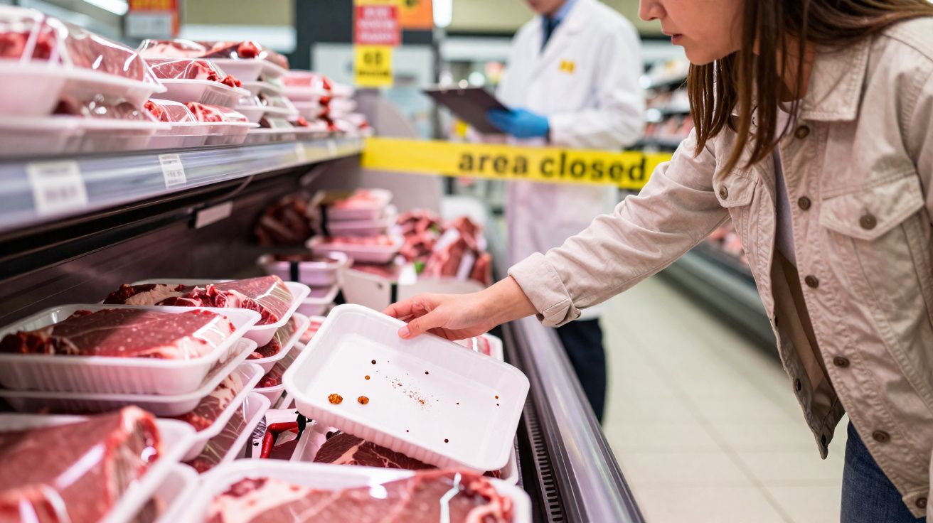 Mulher segura embalagem vazia em seção de carnes em supermercado com área fechada ao fundo.