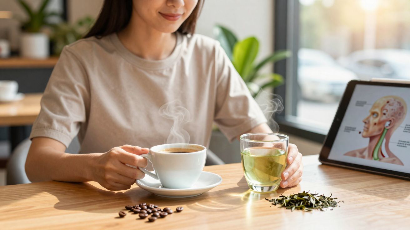 Mulher segurando xícara de café e copo de chá verde com folhas e grãos sobre mesa, tela com ilustração anatômica.