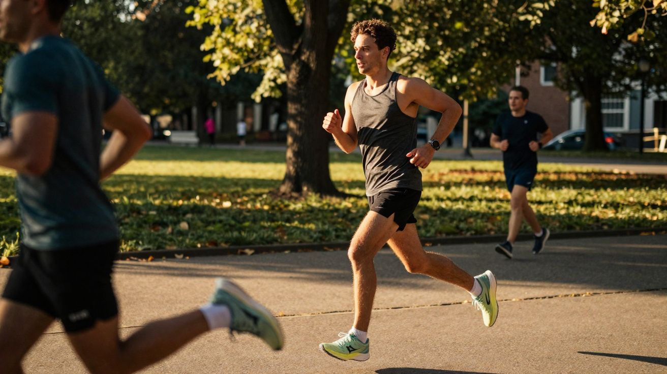 Homem correndo em parque ao ar livre com outras pessoas ao fundo no fim de tarde.